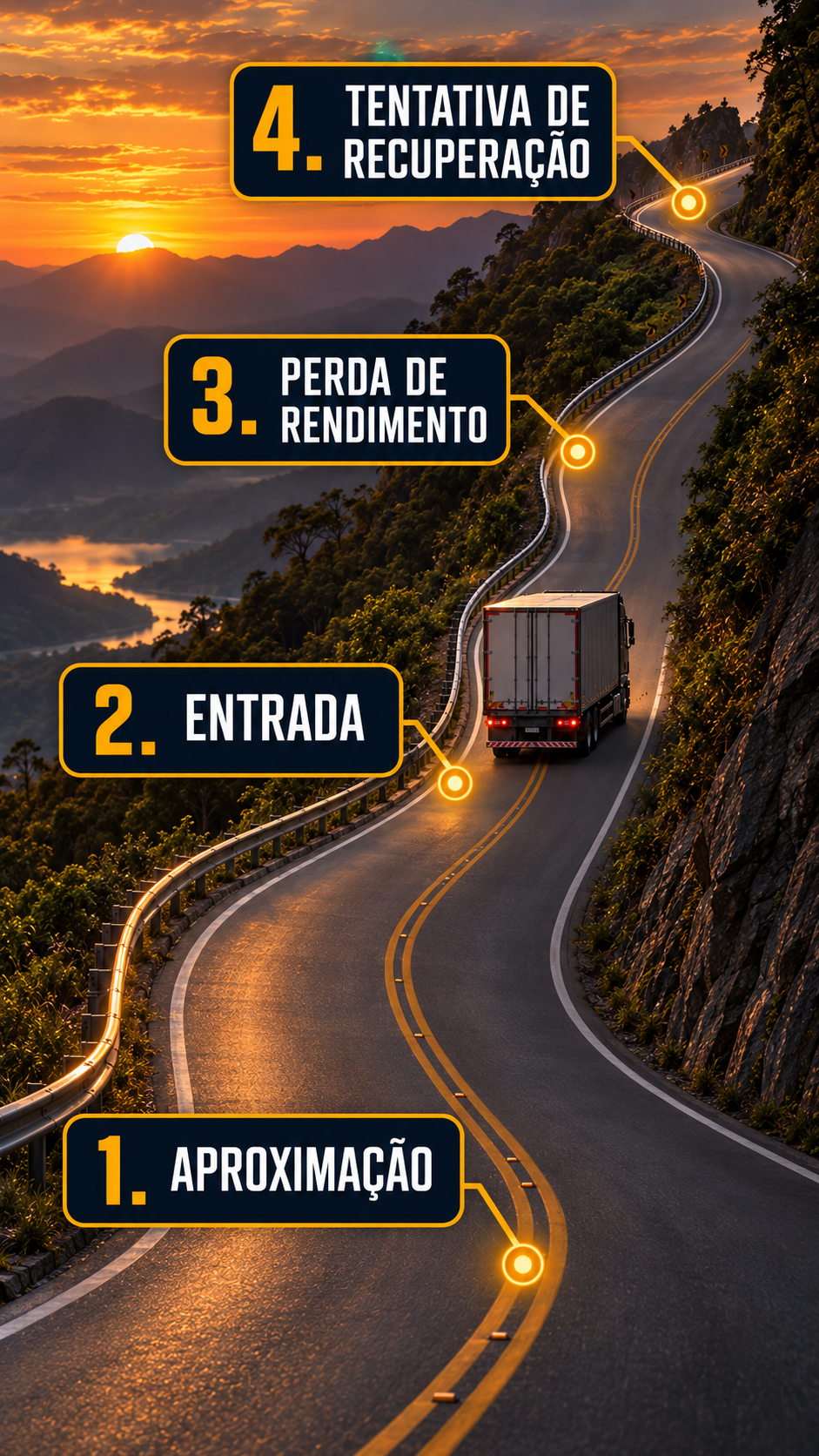 Caminhão subindo uma rodovia de montanha com os quatro momentos da subida: aproximação, entrada, perda de rendimento e tentativa de recuperação.
