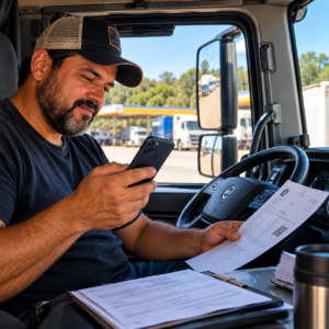 Caminhoneiro conferindo informações no celular